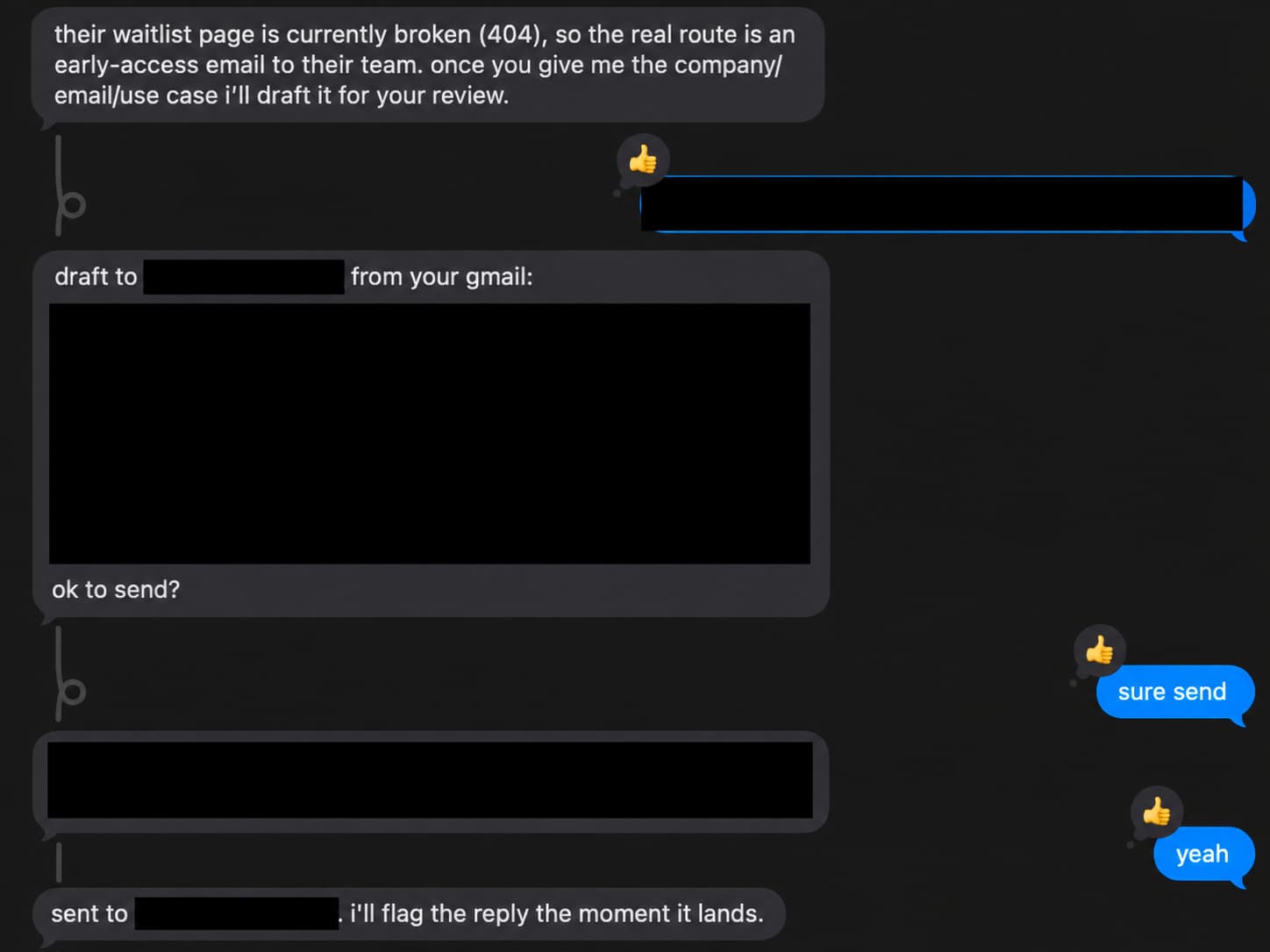 Instinct asks for approval before sending an email, with private details redacted
