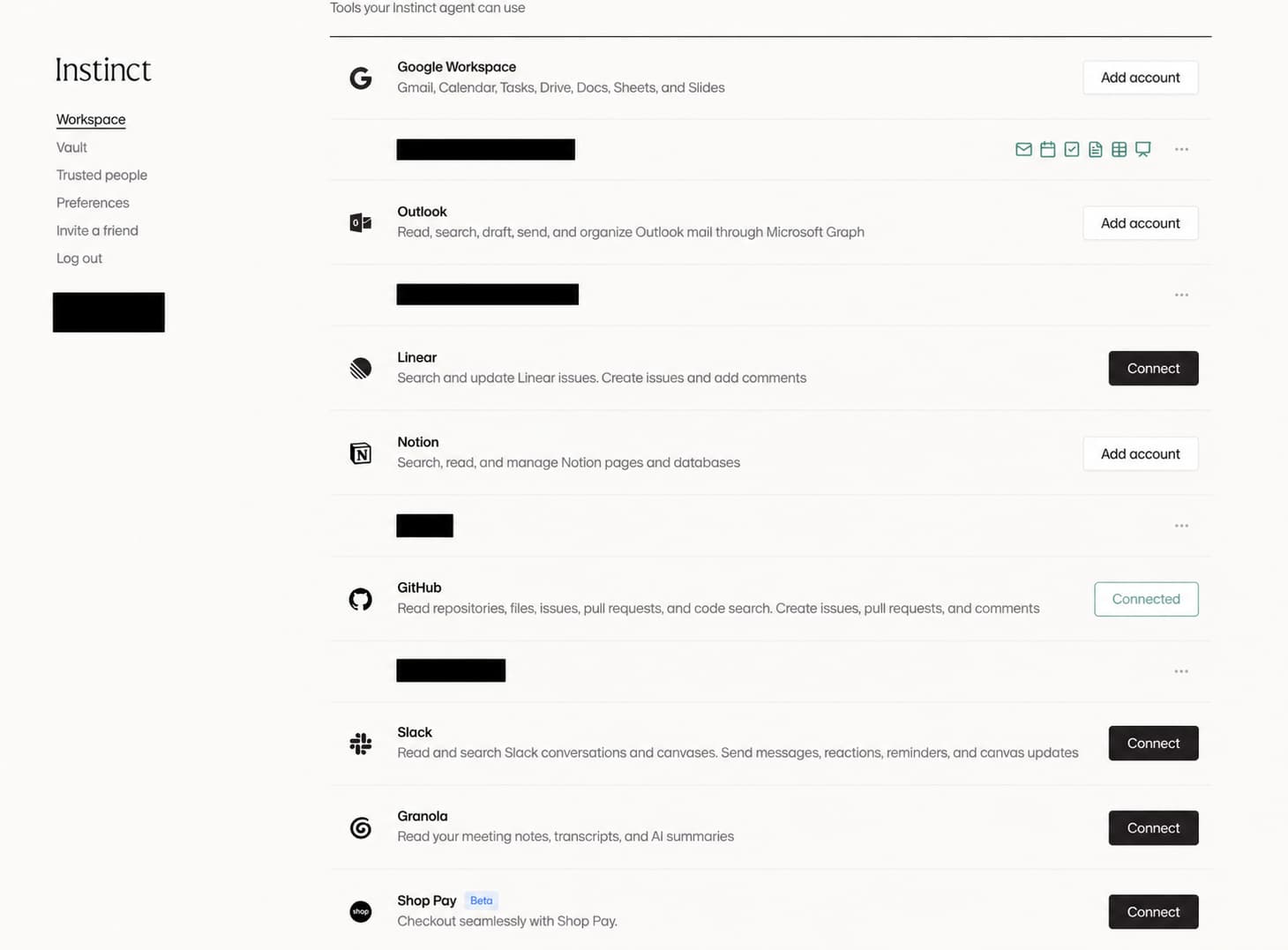 Instinct connected accounts with personal identifiers redacted